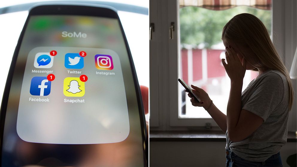 Närbild på mobilskärm med sociala medier-appar samt ung tjej med mobil i siluett.