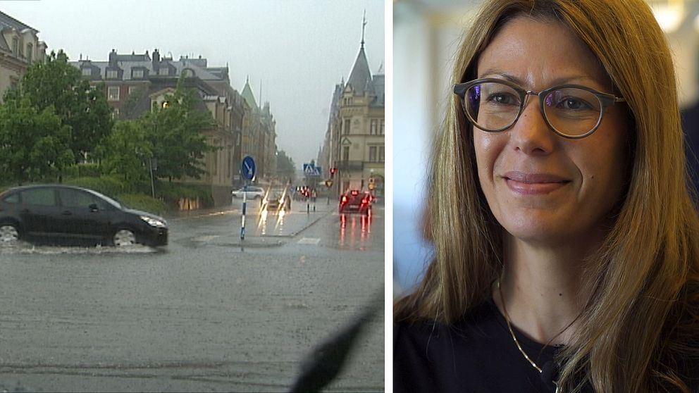 vy på översvämmad stadsgata med bilar, samt porträttbild på Bodil Hansson – en kvinna med glasögon