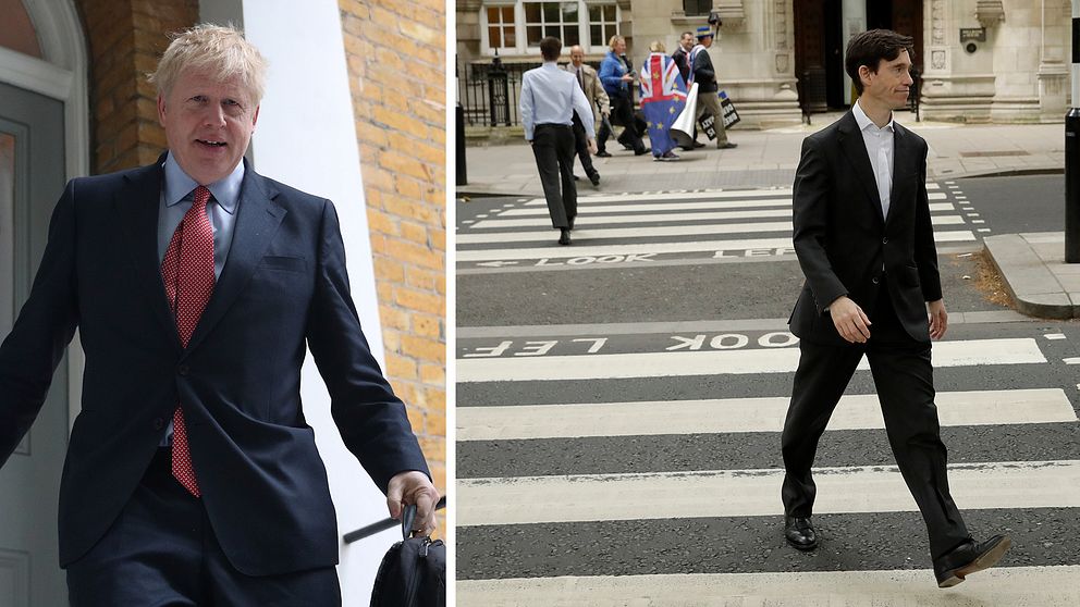 Boris Johnson lämnar sitt hem i London. Rory Stewart går över ett övergångsställe i London.