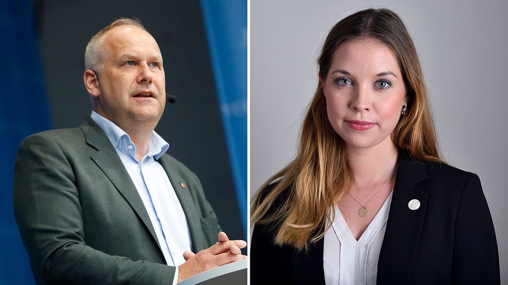 Vänsterpartiets partiledare Jonas Sjöstedt och Sverigedemokraternas idrottspolitiska talesperson Angelika Bengtsson.