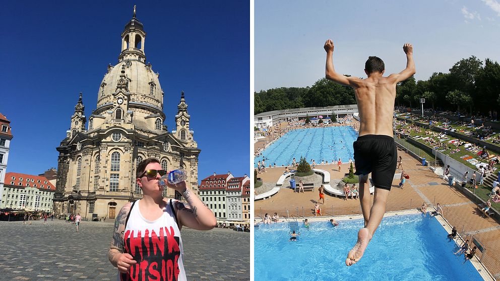 Carolin Tauscher dricker ur en vattenflaska utanför Frauenkirche i Dresden på bilden till vänster. En pojke hoppar från et 7,5 meter högt torn ner i en bassäng i Frankfurt på bilden till höger.