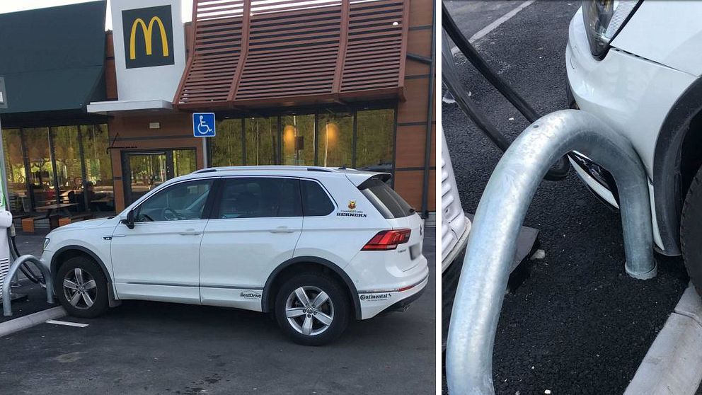 På bilden syns den vita bilen på parkeringen utanför McDonalds-restaurangen.