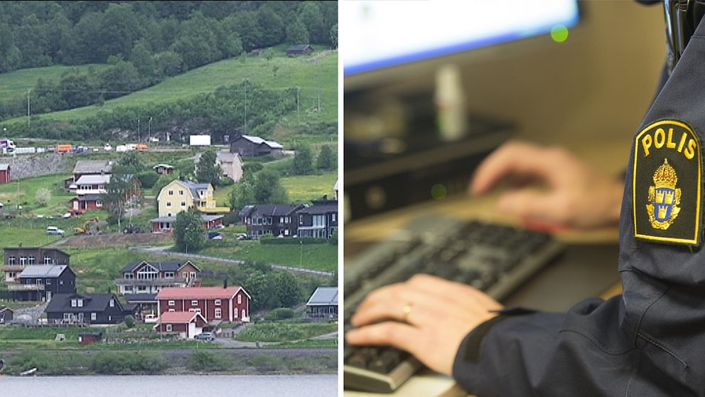 En delad bild med vy över Åre by samt en polis som sitter vid en dator och jobbar.