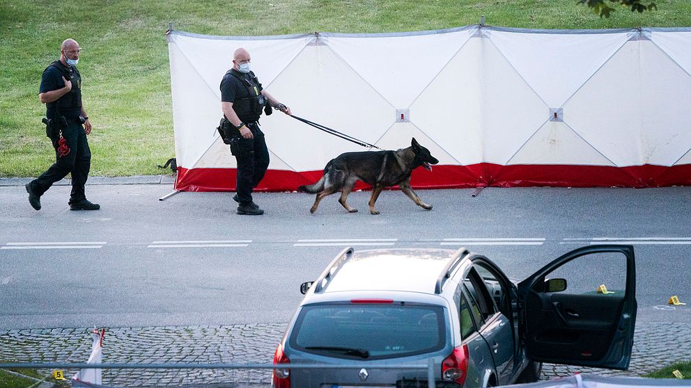 Polis och kriminaltekniker på plats efter att två människor skjutits ihjäl i en svenskregistrerad bil i Köpenhamnsförorten Herlev på tisdagskvällen – på torsdage meddelade polisen att de båda männen är identifierade