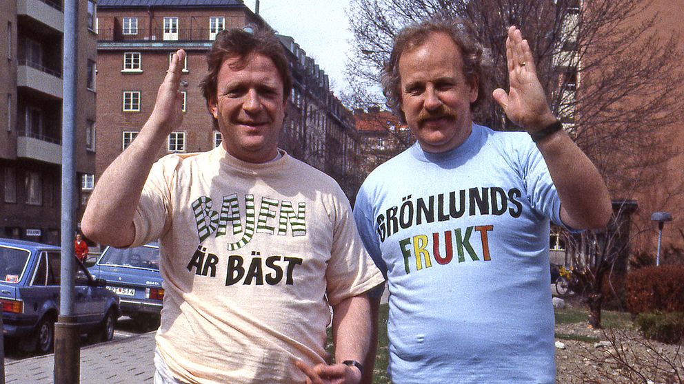 ”Brasse” Brännström och Jon Skolmen i tv-underhållningen ”Nöjesmassakern” som började sändas 1985.