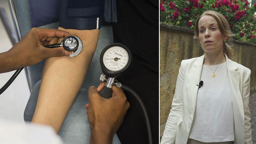 Till vänster: person som får sitt blodtryck mätt. Till höger: Madeleine Liljegren, ordförande för Sylf.