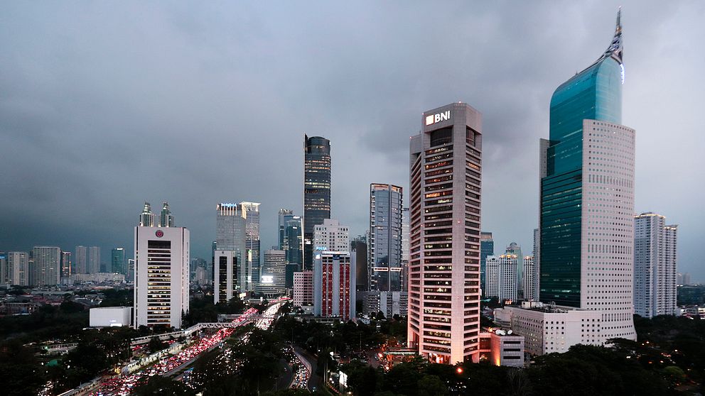 En överblicksbild på affärsdistriktet i Jakarta från tidigare i år, den stad i världen som just nu noterar sämst luftkvalité när det kommer till så kallat AQI-värde.