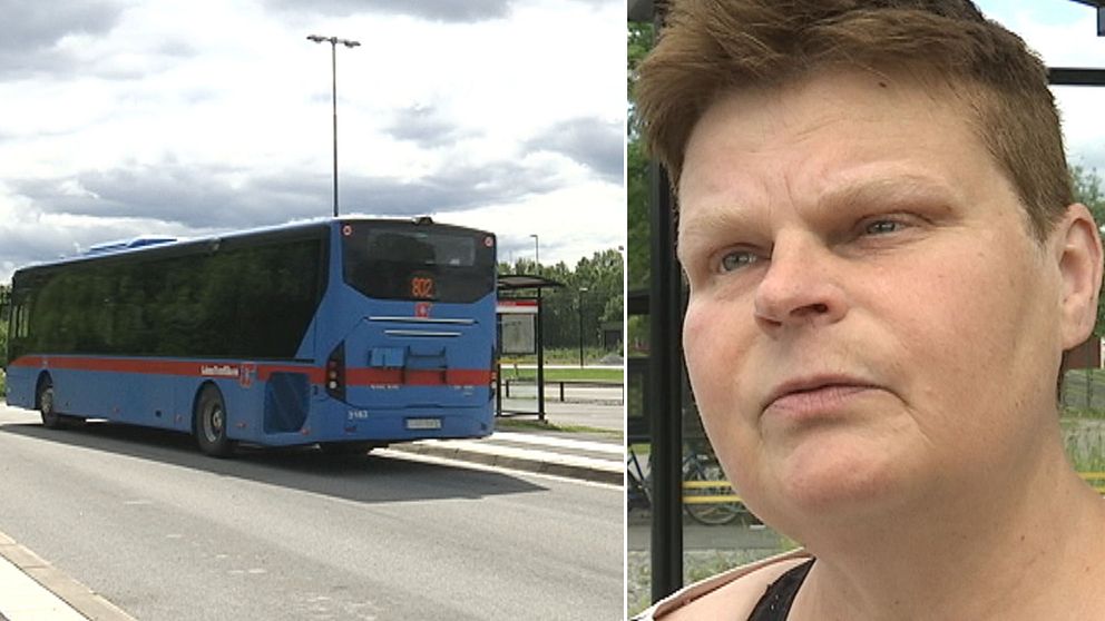 Bildmontage av två bilder. Till vänster en buss. Till höger kommunstyrelsens ordförande i Hällefors, Annalena Järnberg.