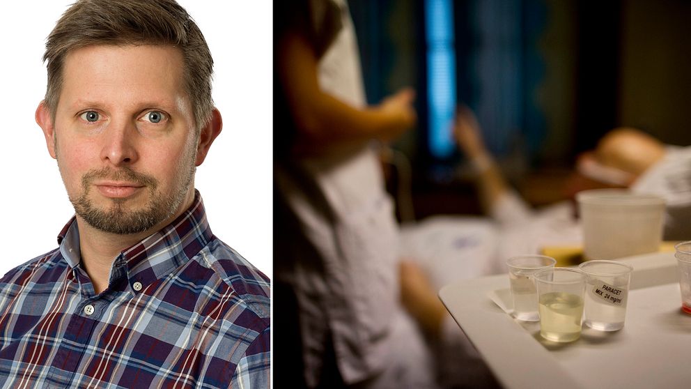 Porträttbild av Niclas Claesson intil bild av patient i sjukhussäng