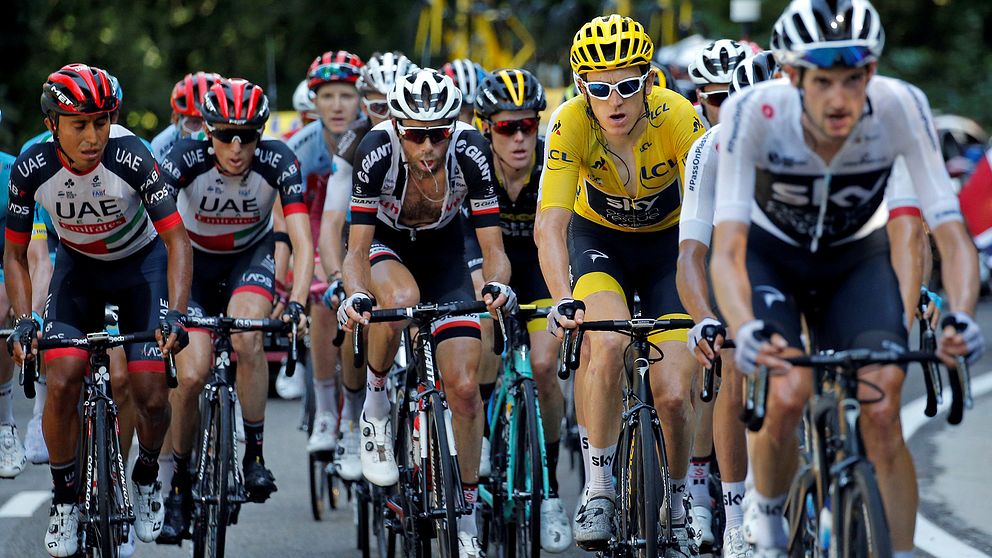 Geraint Thomas i den gula ledartröan under Tour de France i fjol.