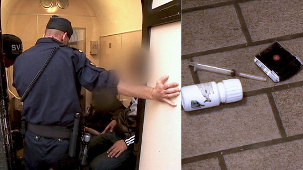 SVT var med när polisen grep in mot några narkomaner som tagit sin tillflykt till en offentlig toalett för att injicera sitt heroin.