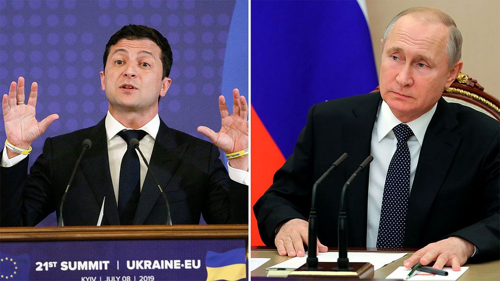 Den ukrainske presidenten Volodymyr Zelenskyj och Rysslands president Vladimir Putin.