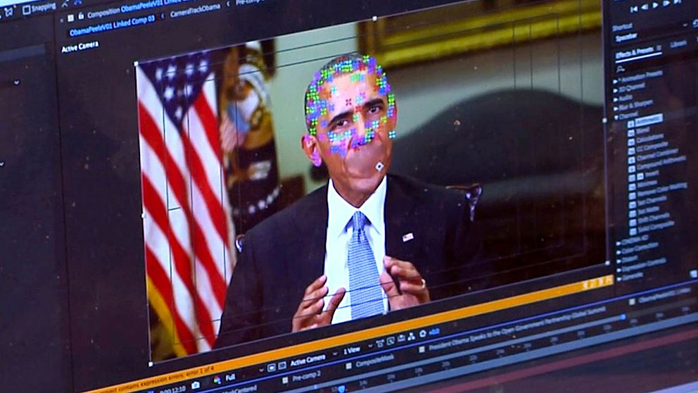 Deepfake-tekniken kan användas till att göra mnipulerade videos av politiska ledare som ser helt autentiska ut. På bilden manipuleras ett klipp med USA:s tidigare president Barack Obama.