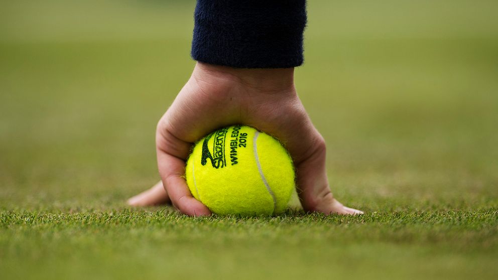 En boll i en bollkalles hand under Wimbledon 2016.