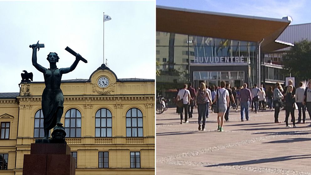 Collage. Fasaden av tingrätten i Värmland. Studenter utanför entré till Karlstads universitet.