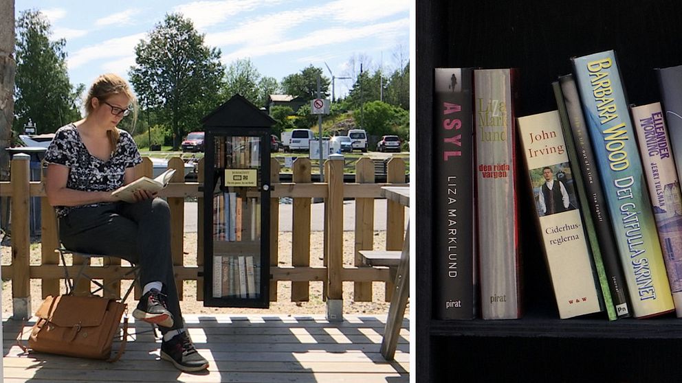 Kvinna läser bok intill en svart bokhylla. Böcker i närbild.