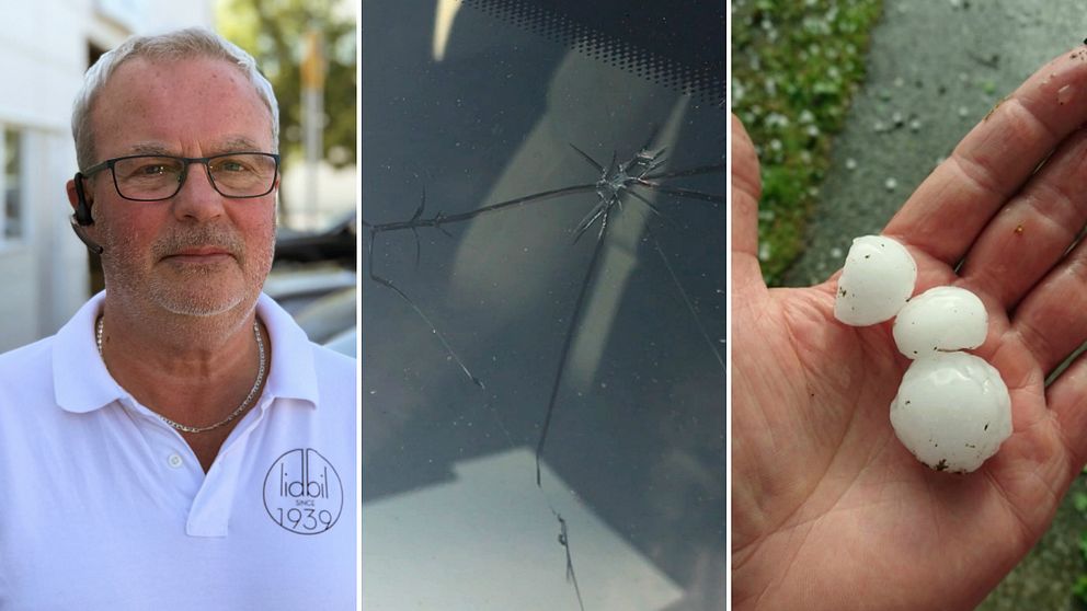 Stefan Andreasson, skadereglerare på Lidbil i Lidköping och framruta med spricka och närbild på stora hagel