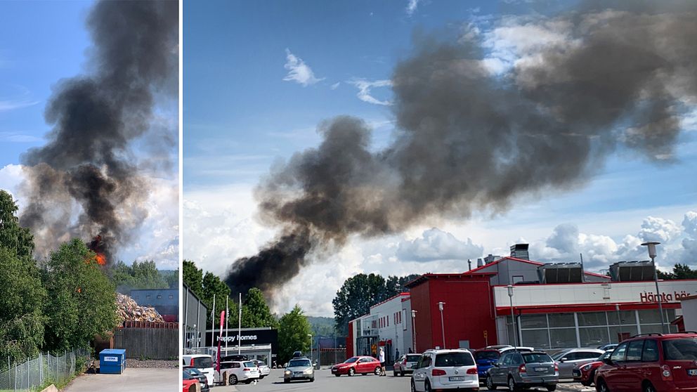 Tjock svart rök stiger mot himlen i Jönköping efter att en brand brutit ut bakom Ica Maxi under lördagen.