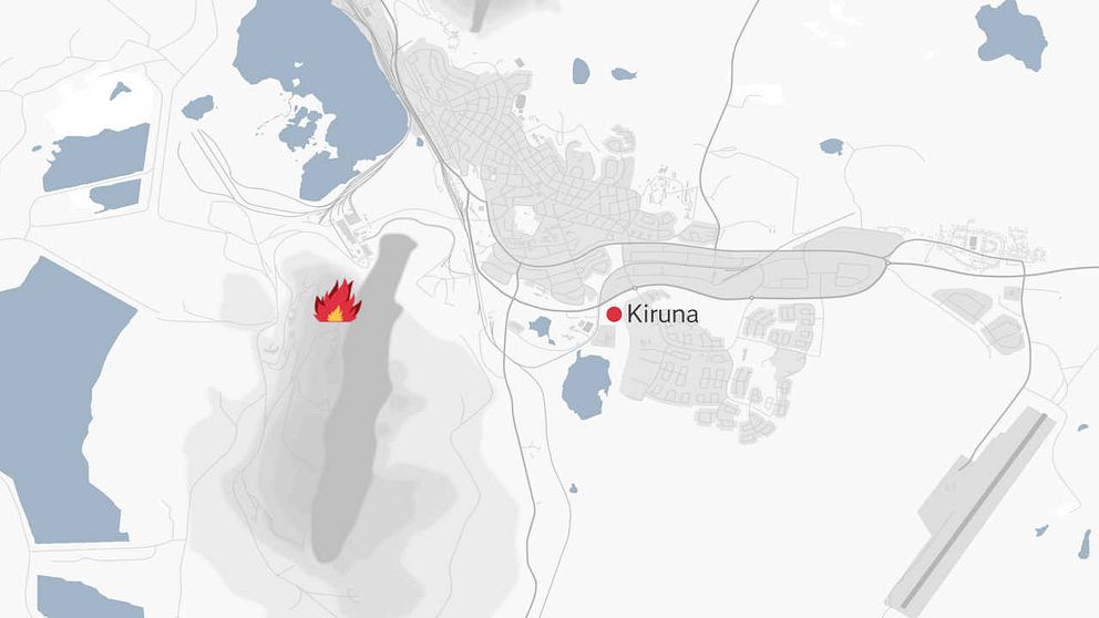 En karta över Kiruna med omnejd där ett en symbol över en eld finns utplacerad på platsen för branden.