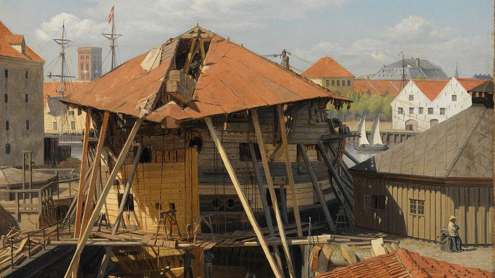 Otto Baches ”Linjefartyget Skjold i dockan i Christianshavn”, 1860. Ett av Nationalmuseums nya förvärv.