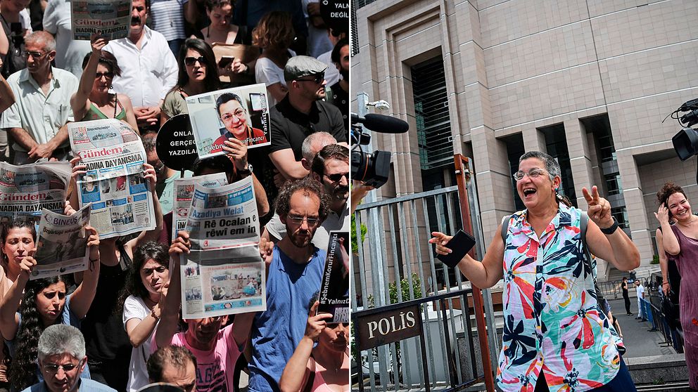I veckan har demonstrationer hållits i Turkiet i protest mot åtalet. Till höger människorättsaktivisten Şebnem Korur Fincancı när hon lämnar rättssalen under onsdagen.