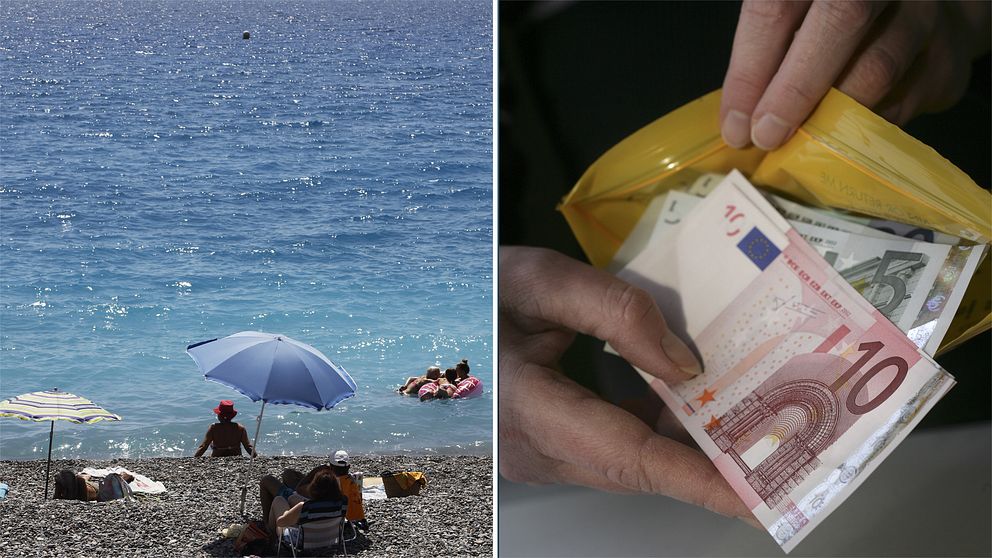 Människor vid en strand i medelhavet, och ett Forex-kuvert med Euro-sedlar i.