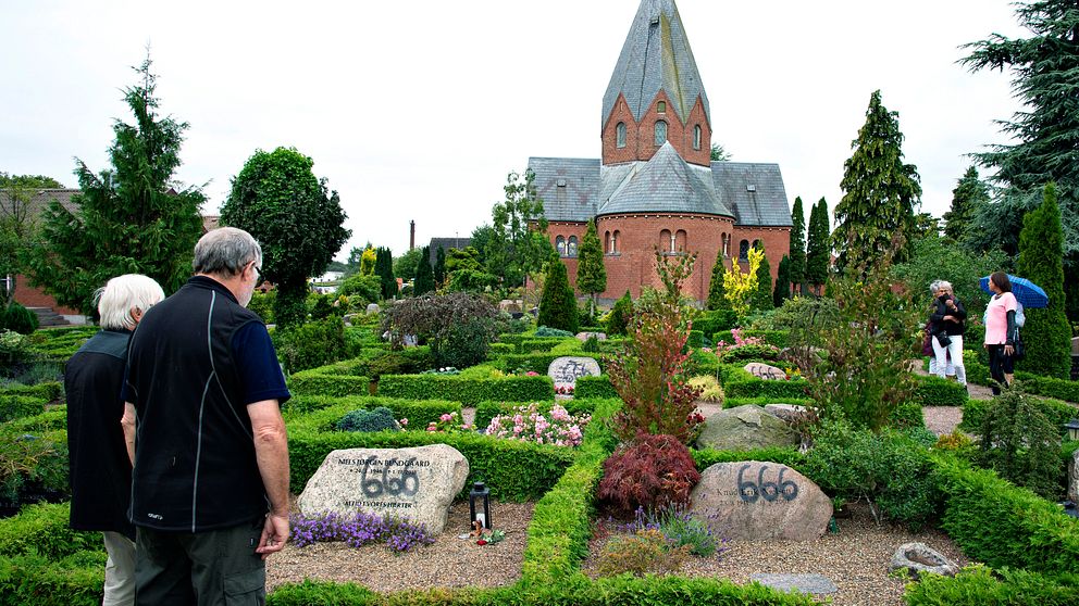 Hundra gravstenar på en kyrkogård i Danmark har blivit vandaliserade med graffitti  i anslutning till Hadsunds kyrka.