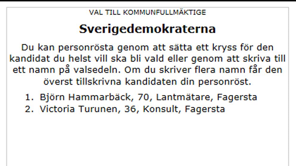 Sverigedemokraternas valsedel till kommunfullmäktige i Fagersta år 2014.