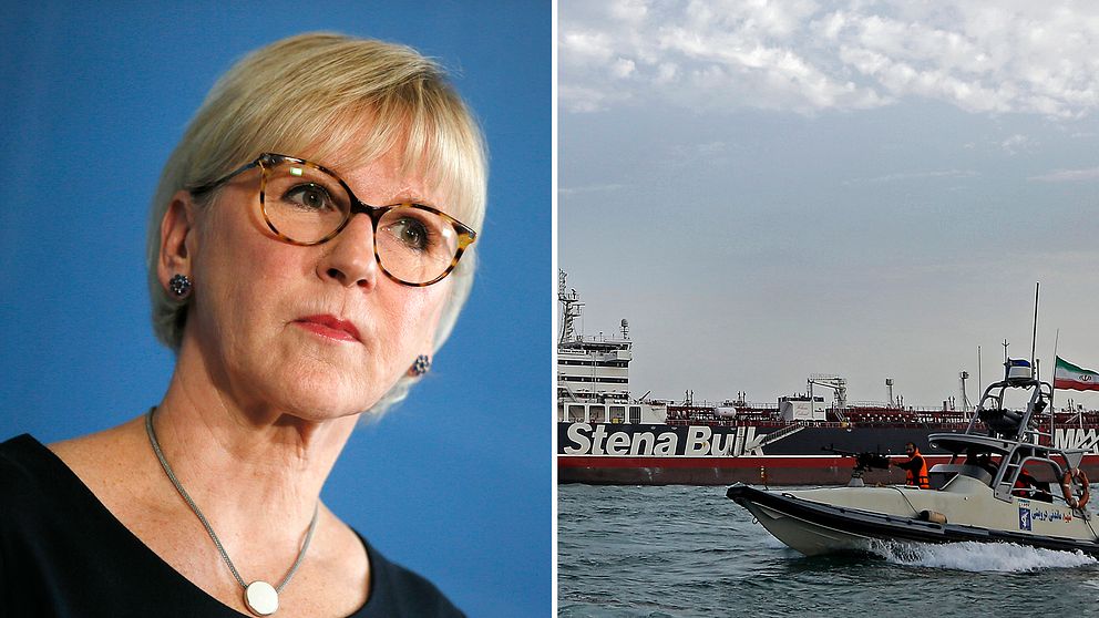 Utrikesminister Margot Wallström och båtar i Hormuzsundet.