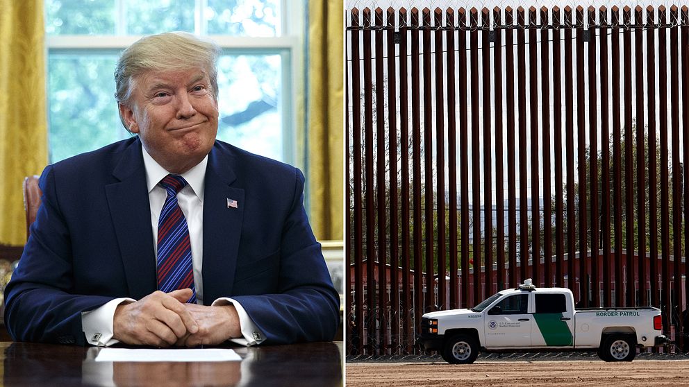Donald Trump och en sektion av muren i New Mexiko.