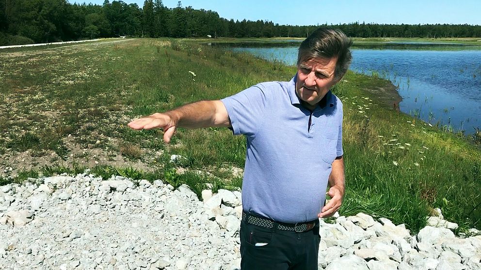 Lars Jacobi, gårdsägare i Kräklingbo på Gotland, framför sin återskapade myrmark.