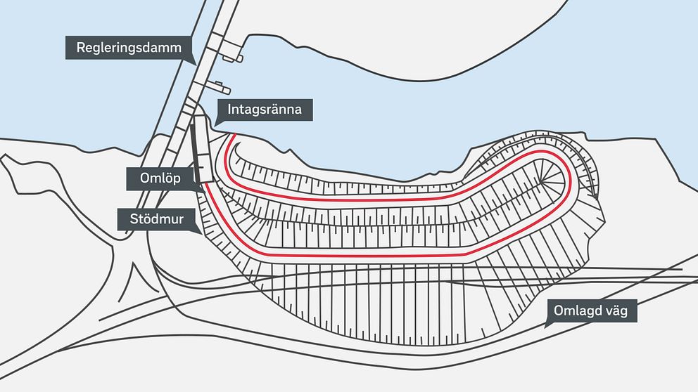 Kartskiss som visar hur omlöpet är tänkt att byggas,på södra sidan om Sölvbacka strömmar