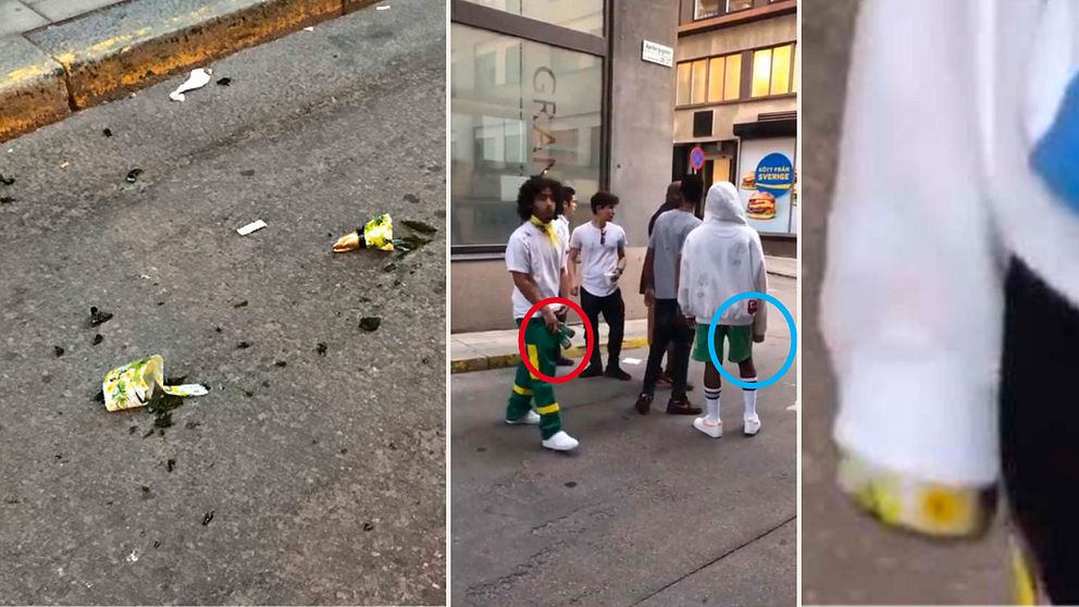 Bilder ur polisens förundersökning. På bilden syns flaskan krossad på marken, samt hur ASAP Rockys sällskap håller i flaskor, grafiskt inringade av polisen. Längst till höger ASAP Rockys ärm och vad polisen menar är botten till flaskan som senare krossas.