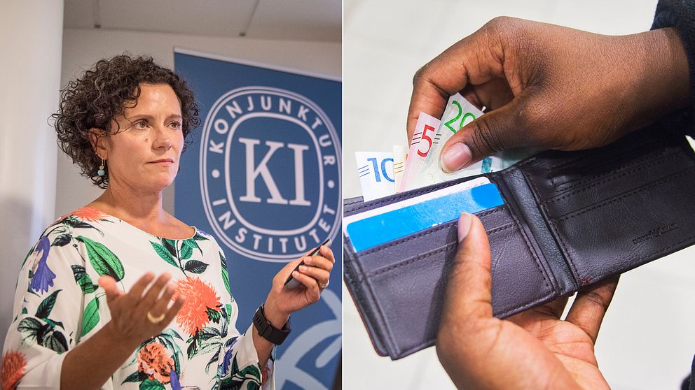 Bild på Ylva Hedén Westerdahl och på en hand som tar ut kontanter ur plånbok.