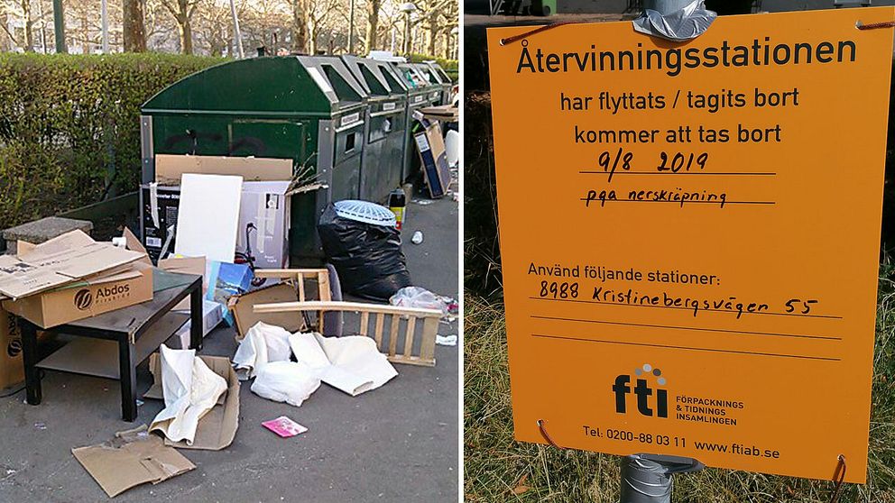 Skräpig återvinningstaion, skylt om att återvinningsstation stängs