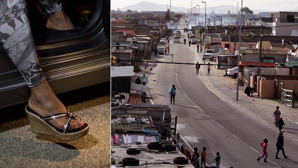 En bild på ett kvinnligt ben som kliver ur en bil och en bild från Kapstaden.