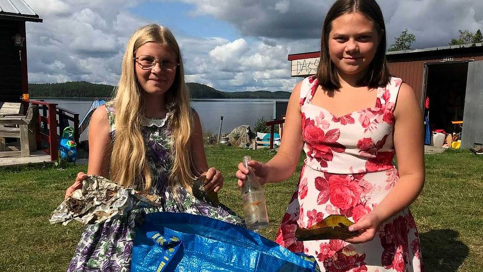 – Djur och människor kan skada sig på glas om det ligger ute i naturen, säger miljöhjältarna Ängla och Alexandra.