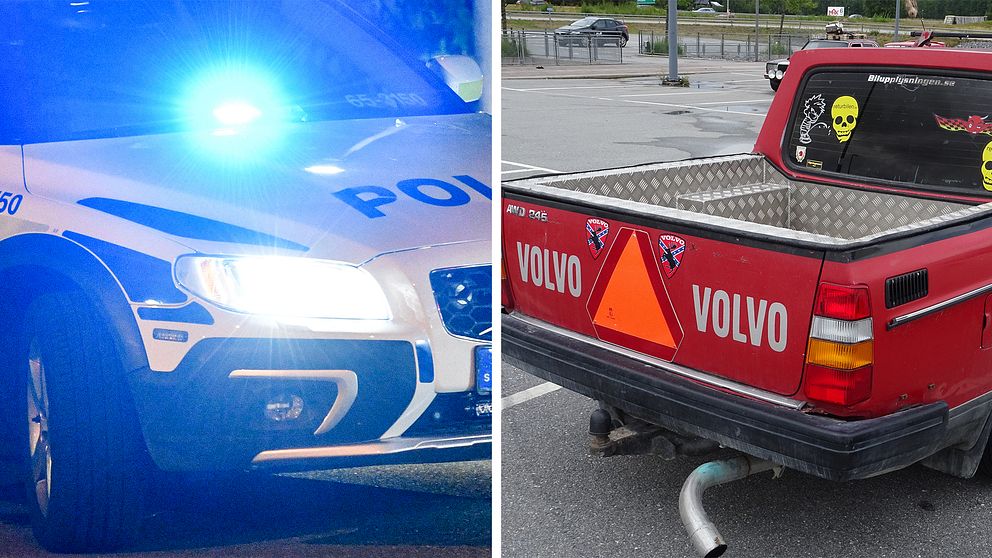 Delad bild. Till vänster en polisbil och till höger en röd epa-traktor.