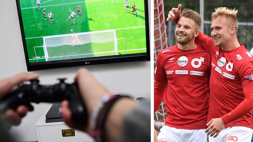 Till vänster en bild på en PS4-handkontroll och på tv:n i bakgrunden syns fotbollsspelet Fifa. Till höger en bild på två spelare ur Degerfors IF:s elitlag.
