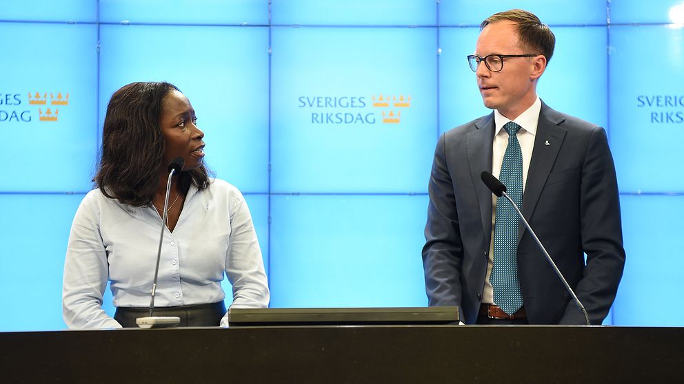 Partiledare Nyamko Sabuni presenterar Mats Persson som ekonomiskpolitisk talesperson för Liberalerna vid en pressträff i riksdagens presscenter.