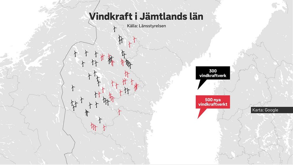 Karta över Jämtlands län som visar byggda vindkraftverk i svart och vindkraftverk som fått tillstånd i rött