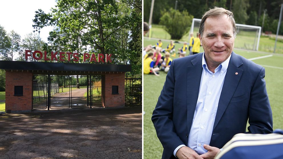 Montage. Ingång till Folkets Park. Statsminister Stefan Löfven.