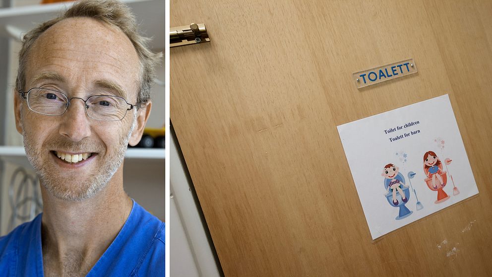 Delad bild. Jonas Ludvigsson till vänster och en bild på en dörr med skylten ”Toalett för barn”.