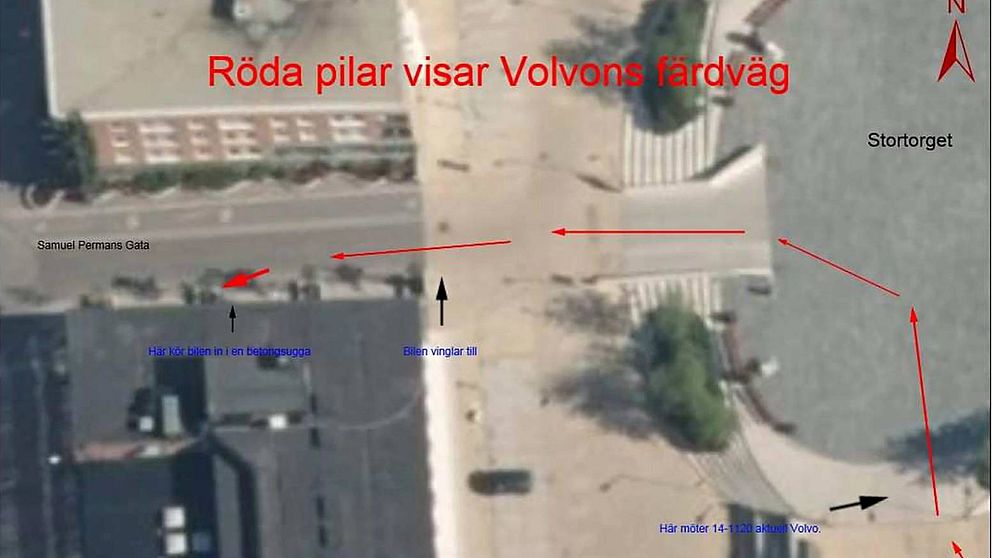 foto över nedre delen av Stortorget i Östersund. Röda pilar från höger till vänster visar hur den misstänkte personen kört tills dess han blev stoppad av polisen.