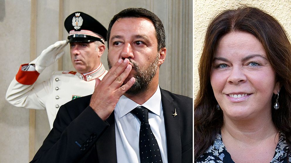 Legas partiledare Matteo Salvini vill se ett nyval. På bilden till höger syns SVT:s Jennifer Wegerup.