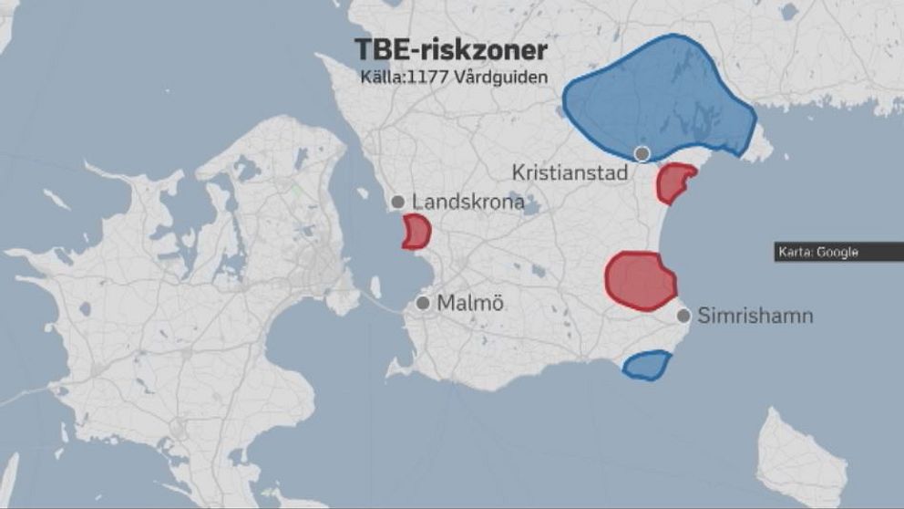 Illustration över riskzoner för TBE i Skåne, där de rödmarkerade är nytillkomna.