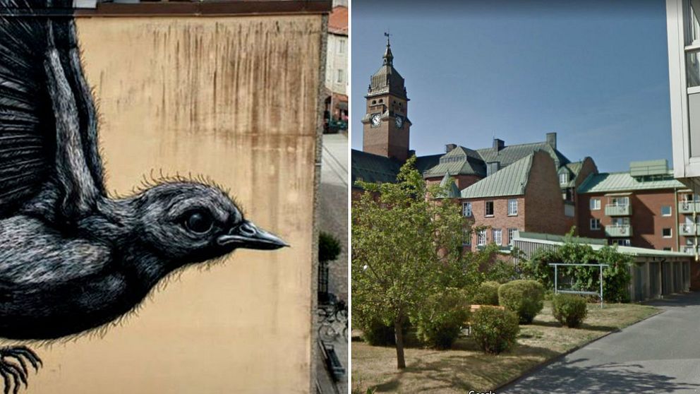 Den omtalade muralmålningen med en fågel på en vägg i Nässjö. Nu ska den femte muralmålningen i centrala Nässjö påbörjas.