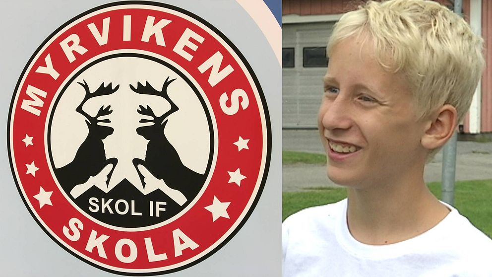 Bild på Myrvikens Skol-IF:s emblem och Axel Eriksson vid Myrvikens skola