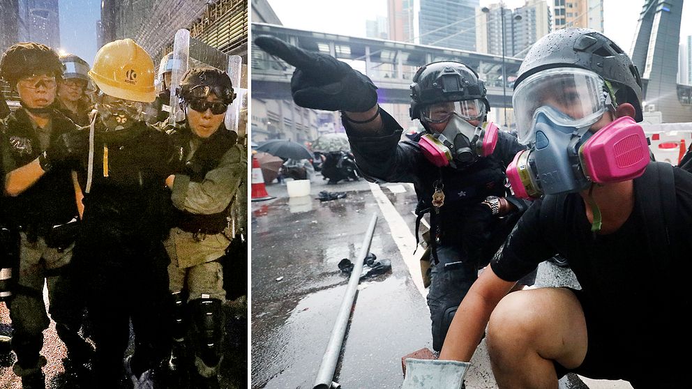 Polis griper en demonstrant i Hongkong (dock inte klarlagt vilket av de 36 gripandena som bilden visar) där nya våldsamma sammandrabbningar ägde rum för elfte helgen i rad.