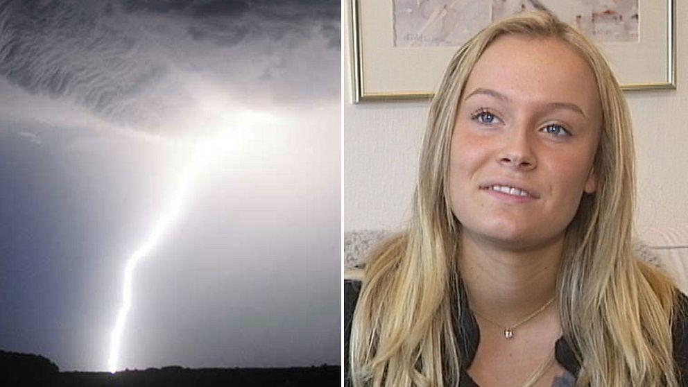 En delad bild, den ena på en blond kvinna och den andra på en blixt.